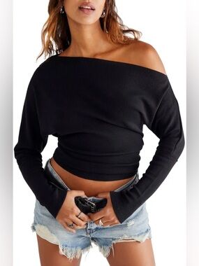 Free People Shirt Womens Medium Black Fuji Thermal Off Shoulder Waffle Knit